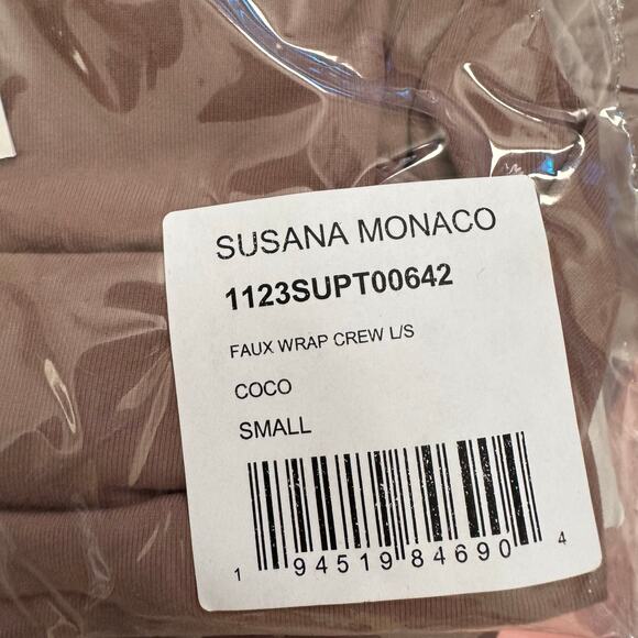 Susana Monaco Long Sleeves Crewneck Faux Wrap Tops Brown NWT Size Small - Picture 11 of 12